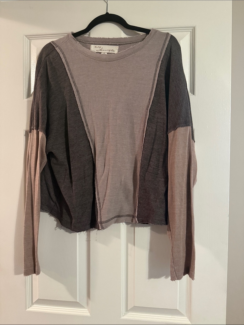 Womens Colorblock Waffle-Knit Pullover Sweatshirt - Pink & Gray